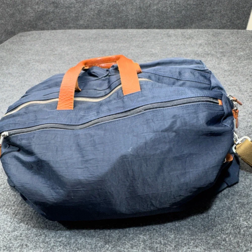 J Crew Harwick Duffle Bag Blue Brown Leather Trim Travel Weekender Overnight